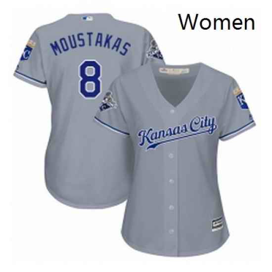 Womens Majestic Kansas City Royals 8 Mike Moustakas Authentic Grey Road Cool Base MLB Jersey